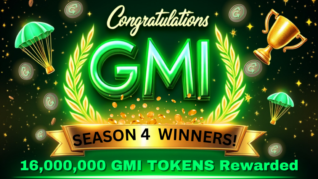 Graphic showcasing the distribution of 16 million GMI tokens for Season 4 winners in the Energi ecosystem.