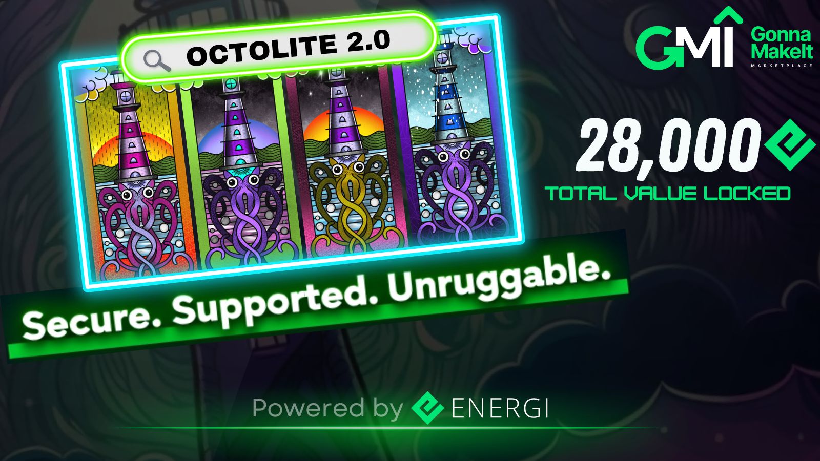 Graphic highlighting Octolite NFT minting on Energi, featuring 28,000 NRG in value unlocked with Refundable 80-20% NFT Contracts.