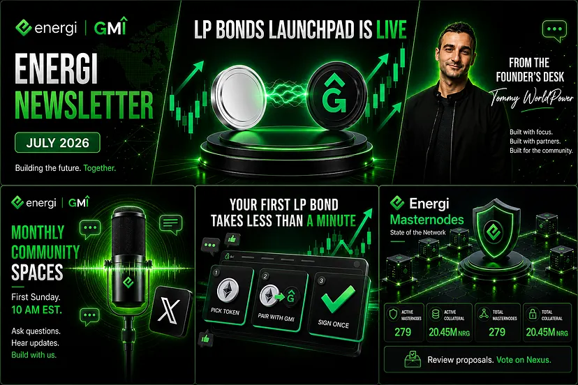 Energi Newsletter July 2026 overview featuring LP Bonds Launchpad, CEO message, X Spaces, LP Bond minting steps, and Masternode stats