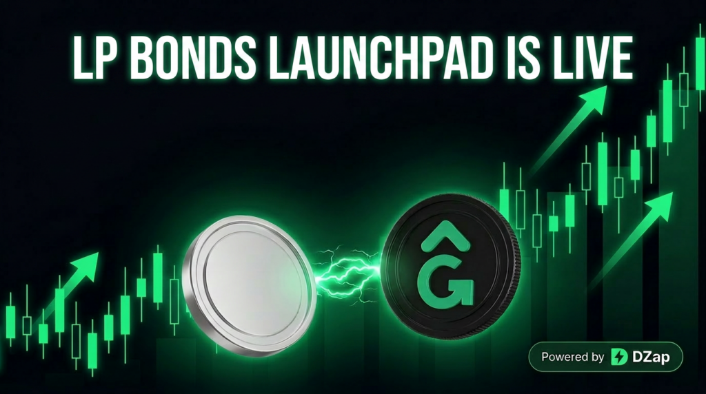 LP Bonds Launchpad is live – GMI token and partner token pairing with green candlestick charts, powered by DZap