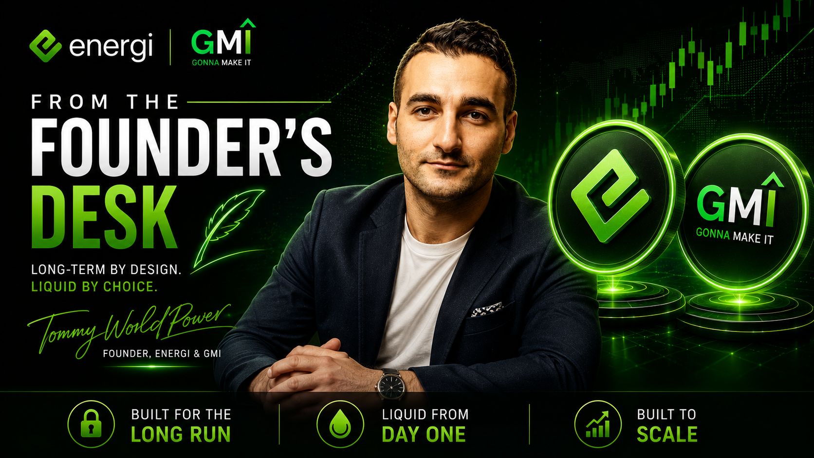 From the Founder's Desk — Tommy WorldPower, founder of Energi and GMI, with the message: long-term by design, liquid by choice