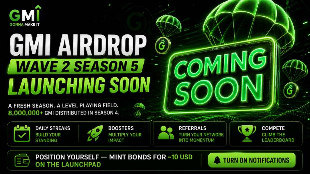 GMI Airdrop Wave 2 Season 5 banner — a fresh season with Daily Streaks, Boosters, Referrals, and leaderboard competition