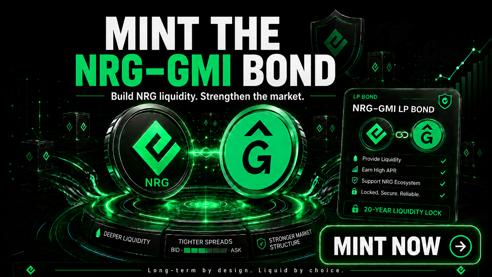 NRG-GMI LP Bond promotional graphic showing glowing NRG and GMI coins, bond card specifications, and a Mint Now call to action.